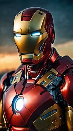 iron man standing in front of a sunset