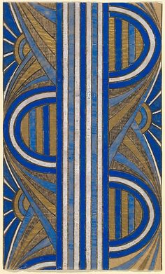 an abstract painting with blue and gold stripes on it's sides, in the middle of