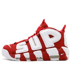 Nike Supreme x Air More Uptempo 'Red' 902290-600 (SNKR/Retro/Unisex/Mid Top/Basketball) Nike Red Throwback Basketball Shoes, Throwback Red Nike Basketball Shoes, Nike Red Throwback Sneakers, Retro Red Nike Basketball Shoes, Kicks Shoes, Mid Top, Anime Dragon Ball, Nice Shoes, Dragon Ball