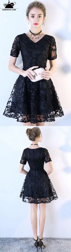 Only $81.9, Homecoming Dresses Black Aline Lace V-neck Short Party Dress with Sleeves #BLS86016 at GemGrace. View more special Special Occasion Dresses,Homecoming Dresses,Cheap Homecoming Dresses,Short Homecoming Dresses,Black Homecoming Dresses,Modest Homecoming Dresses now? #GemGrace To buy delicate gowns at affordable prices. Over 399 new styles added, shop now to get $5 off! All free shipping! Party Dress Modest, Homecoming Dress With Sleeves, Party Dress With Sleeves, Modest Homecoming Dresses, Trendy Dress Styles, Party Dress Night, Delicate Gown, Party Dresses With Sleeves, Trendy Party Dresses