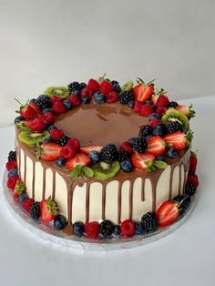 a chocolate cake topped with fresh fruit and drizzled in chocolate icing