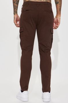 Available In Dark Brown. Button Closure Zip Fly Draw Cord In Waistband Front Pockets Cargo Pockets Back Pockets Slim Fit 32 Inseam 98% Cotton 2% Spandex Imported | Mens Kyle Slim Cargo Pants in Dark Brown size 30 by Fashion Nova Slim Cargo Pants, Brown Fashion, Cargo Pants, Fashion Nova, Mens Pants, Dark Brown, Slim Fit, Spandex, Pants