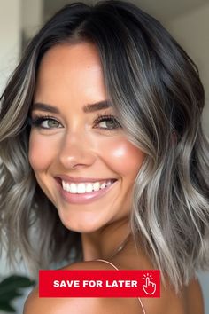 A hairstyle with dark hair and thick, steel-gray highlights. The highlights create a striking contrast and add depth and dimension to the hair. Blending Techniques, Gray Streaks, Chunky Highlights, Cut And Color