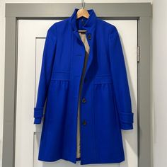 Practically New. Only Worn A Few Times. Lined And Beautifully Made. Royal Blue Winter Outerwear For Work, Royal Blue Long Sleeve Outerwear For Work, Fitted Royal Blue Outerwear For Work, Elegant Royal Blue Outerwear For Fall, Elegant Royal Blue Fall Outerwear, Tailored Royal Blue Outerwear For Work, Blue Wool Coat, Beautifully Made, Blue Wool