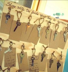 there are many keys hanging on the wall with tags attached to them that say, share with the people they love