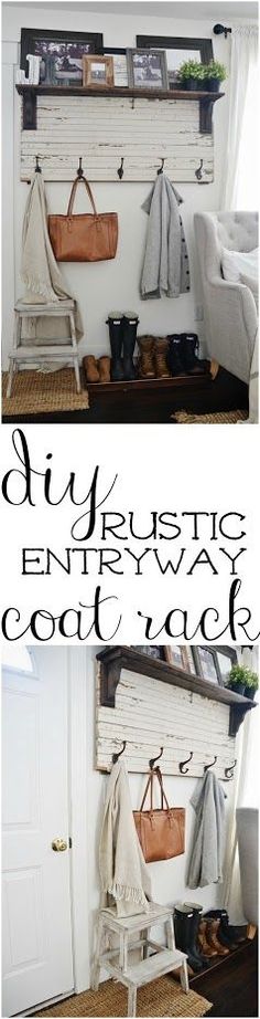 an entryway coat rack with two coats hanging on it and the words diy rustic entryway coat rack