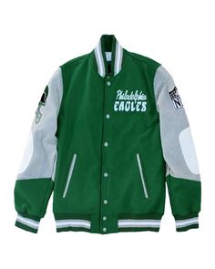 This women's varsity jacket, handcrafted by GiftyJackets through Etsy, is definitely going to start conversations and pay its due respects to a real and truly timeless fashion icon. The Princess Diana-inspired green Wool jacket is unique and an exceptionally thoughtful gift to any woman who truly admires her timeless style or is an avid fan. Cut from pure wool, this jacket is sure to feel warm and rich enough to wear during those cold autumn days. The pure wool construction brings in a sense of Eagles Kelly Green, Green Varsity Jacket, Eagles Jacket, Knitted Collar, Varsity Jackets, Trendy Jackets, Letterman Jacket, Princess Style, Lady Diana