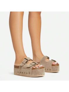 Achieve the perfect blend of comfort and style with our cork footbed platform sandals, available in a variety of colors. Featuring dual adjustable straps, these sandals offer a customizable fit for ultimate comfort. Our comfy round toe mules add a touch of glamour with trendy square toes and wide buckle straps. With a heel height of 2.5 inches, the platform lengthens the leg lines, making them a fashion-forward and versatile choice for any occasion. Whether you're headed to the beach, a party, v Platform Sandals With Round Toe And Slip-on Fit, Casual Beach Platform Slippers With Cork-bed Midsoles, Beige Platform Slide Sandals, Medium Width Platform Sandals, Slip-on, Beige Slip-on Platform Sandals, Preppy Women, Suede Clogs, Flatform Sandals, Maternity Bag