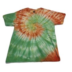 "Tie dye t-shirt, large handmade tshirt, mens t-shirt, womens top, orange hand-dyed, hippie, festival, rave Design: Green and Orange Spiral Gender: Unisex Size: Large Chest: 42/44\" Material/s: 100% Cotton Each item is Completely unique, you will be receiving the item pictured. If you have any questions please drop us a message.  Specific washing instructions will be sent out with each order and we recommend that these are followed as closely as possible to ensure longevity of items. All items will be posted Royal Mail 2nd class, if you need items sooner please message us and we will see what we can do.  Many Thanks, The Velvet Crew" Summer Festival Green T-shirt, Bohemian Green T-shirt For Summer, Green Bohemian Crew Neck T-shirt, Casual Green Festival T-shirt, Summer Acid Wash Hand Dyed T-shirt, Acid Wash Crew Neck T-shirt With Hippie Style, Bohemian Acid Wash T-shirt For Summer, Hand Dyed Cotton T-shirt For Summer, Acid Wash Crew Neck T-shirt For Festivals