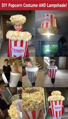 a collage of photos showing how to make popcorn costumes and lampshades