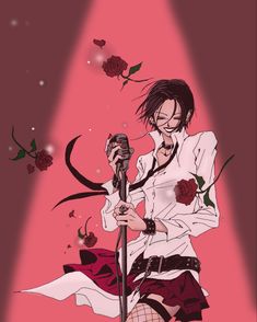 an anime character holding a microphone in front of a pink background with roses on it