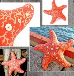 four different pictures of starfishs and buttons