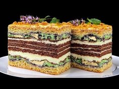 two layers of cake sitting on top of a white plate