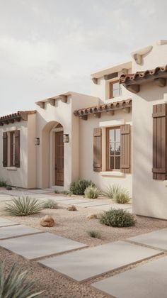 an adobe - style house with shutters on the front and side windows is shown