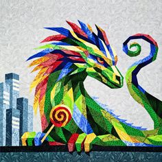 a colorful dragon sitting on top of a table next to a building with tall buildings in the background