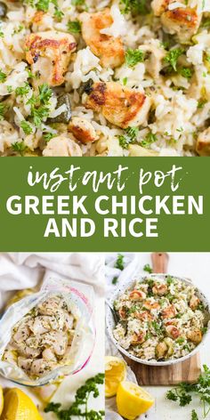 chicken and rice casserole with text overlay that reads instant pot greek chicken and rice