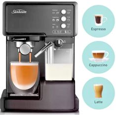 an espresso machine with different types of drinks