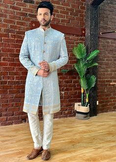 Powder Blue Embellished Silk Sherwani Set Priti Sahni - Men - Fabilicious Fashion Mens Wedding Wear Indian, Blue Sherwani, Sherwani For Men Wedding, Wedding Kurta, Wedding Kurta For Men, Mens Wear Wedding, Wedding Outfits For Groom, Indian Kurti Designs, Men's Wedding Outfit