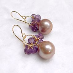 Elegant Purple Gemstone Pearl Earrings, Purple Round Pearl Earrings For Gift, Purple Gemstone Round Bead Earrings, Purple Gemstone Earrings With Round Beads, Purple Pearl Drop Round Bead Jewelry, Purple Dangle Pearl Drop Earrings, Purple Pearl Drop Dangle Earrings, Purple Amethyst Jewelry With Pearl Drop, Edison Pearls