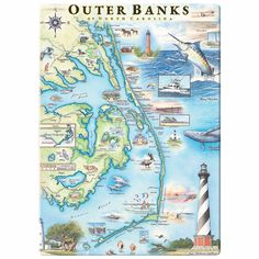 Outer Banks, North Carolina magnet. This coaster showcases scenic beach vistas, lighthouses, marine life, and cities like Kitty Hawk, Nags Head, and Kill Devil Hills. Designed in coastal colors of blues and greens. Pen And Ink Watercolor, Flathead Lake, Framed Map, Hand Drawn Map, Drawn Map, Ink Watercolor, Framed Maps, Map Canvas, Map Art Print