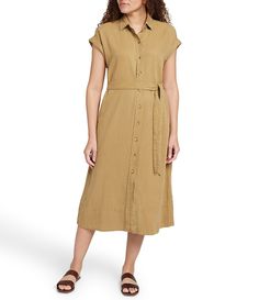 From Faherty&#x2C; this dress features: Soft semi-stretch fabrication A-line shirt dress silhouettePointed collarShort sleevesDrop shoulderFixed cuffSelf fabric selt detail Open front split hemline Straight hemlineMidi dress length Full button front Approx. 49.75" lengthTENCEL™ lyocell/linen/organic cotton/elastaneMachine wash on cool gentle cycle&#x2C; secure buttons before wash&#x2C; remove belt before wash&#x2C; wash with Casual Midi-length Shirt Dress With Placket, Spring 3/4 Sleeve Relaxed Fit Shirt Dress, Casual Midi-length Rayon Shirt Dress, Knee-length Medium Wash Shirt Dress With Pockets, Luxury Belted Midi-length Shirt Dress, Shirt Midi Dress, Garden Party Dress, Evening Formal, Midi Shirt Dress