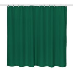 a green shower curtain hanging on a metal rod