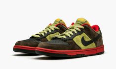 These Dunk Lows bring an earthy tone designed for the Fall season, with a colorway that ranges from black and brown to green. The nickname \"Asparagus\" comes from the strong green side panels Green Sneakers For Fall Streetwear, Green Fall Sneakers For Streetwear, Green Fall Streetwear Sneakers, Nike Sb Shoes, Dunk Lows, Shoes Names, Green Side, Nike Sb Dunk Low, Nike Sb Dunk