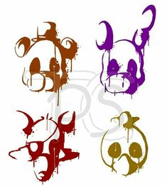 four different colored inked images of dogs and cats with their heads in the shape of letters