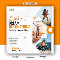 an orange and white flyer for a travel company with images of people in the background