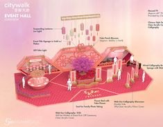 an illustration of a pink and red event hall with information about the details on it