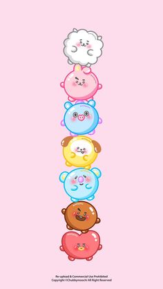 a group of cartoon animals standing in the middle of a row on a pink background