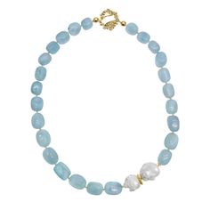 The irregular nugget aquamarine gemstones display a range of shapes and sizes. Their enchanting aqua-blue hues evoke a sense of tranquility and serenity. Each gemstone is distinct, making this necklace a truly one-of-a-kind piece.  The Baroque pearls with their irregular shapes and textured surfaces, exude an air of natural sophistication. Their lustrous sheen and soft, creamy tones create a harmonious contrast against the aquamarine, enhancing the overall visual appeal of the necklace.  Whether Elegant Aquamarine Faceted Necklace, Blue Aquamarine Briolette Necklace, Fine Jewelry Aquamarine Light Blue Necklace, Light Blue Aquamarine Necklace Fine Jewelry, Fine Jewelry Light Blue Aquamarine Necklace, Elegant Light Blue Faceted Jewelry, Blue Aquamarine Necklace In Fine Jewelry Style, Blue Briolette Necklace With Natural Stones, Light Blue Aquamarine Gemstone Necklace