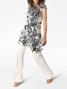 This silver Paco Rabanne chain-disc mini dress features a round neck, short sleeves, silver tone metal disks, a fitted silhouette and a short length. The dress is made of sequin material. Disc Dress, Disco Dress, Metallic Dress, Paco Rabanne, Pink Mini Dresses, Brown Fashion, French Fashion, Mini Black Dress, Sequin Dress