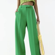 New With Tags. Size Xs Chic Green Summer Pants, Chic Green Pants For Summer, Chic Green Pants With Pockets, Chic Wide Leg Spring Pantsuit, Chic Green Pantsuit With Straight Pants, Chic Green Straight Pantsuit, Spring Solid Color Ankle-length Pantsuit, Spring Chic Pantsuit With High-waisted Pants, Spring Ankle-length Pantsuit