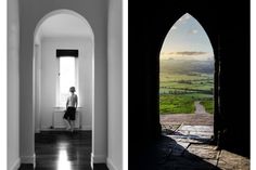 two different views of a person standing in an archway and looking out at the countryside