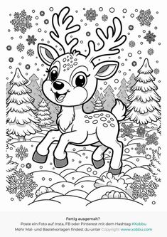 a coloring page with a deer in the snow