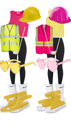 two mannequins wearing safety vests and sunglasses, one in yellow and the other in pink