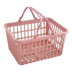 a pink plastic basket with handles