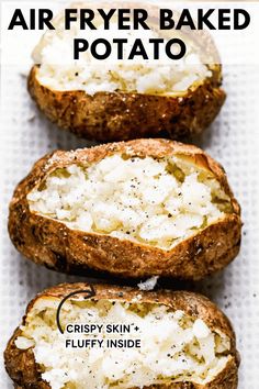 three baked potato halves with cream cheese on top and the words, air fryer baked potato