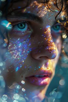 a woman's face with blue eyes and glitters on her skin is reflected in the water