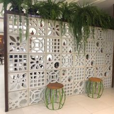 two wooden stools sitting in front of a white wall with plants on top of it