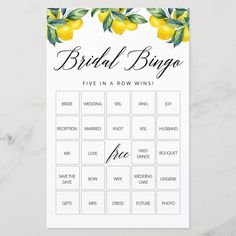 a bridal bingo game with lemons on it