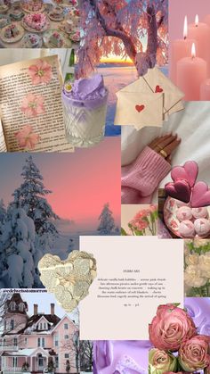 a collage of pink and purple images with hearts, flowers, candles, books