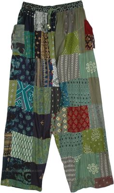 Casual yet stylish, these green daywear pants are as comfy and fashionable.  Sure to make some heads turn, with an assortment of various print multi-patchwork the pant looks very boho chic. #tlb #SplitSkirtsPants #Patchwork #Misses #Peasant #GreenGypsyPants Bohemian Cotton Pants With Floral Patchwork, Bohemian Cotton Bottoms With Floral Patchwork, Casual Green Boho Print Bottoms, Green Bohemian Cotton Bottoms, Green Cotton Patchwork Pants, Green Wide-leg Patchwork Pants, Bohemian Green Cotton Pants, Green Bohemian Cotton Pants, Bohemian Patterned Cotton Bottoms