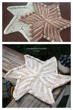 crocheted star rugs are shown on top of a wooden table with berries