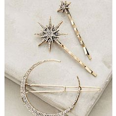 New ~ Anthropologie Astria Hair Pin (Set Of 3) This Brilliant Set Contains 3 Celestial Hair Pieces, Each Sparkling With Crystals For A Spectacular Finishing Touch. Wear Them All For A Dramatic Look Or Pick One For A Luminous Touch. Gold-Plated Brass, Cz. Nwot. Approx. Size: Moon: 1-3/4"W; Large Star: 2.5"L, 1-1/4"W; Small Star: 2.5"L, 1/2"W Anthro Style, Boho Style, Trendy, Brand New Anthropologie Jewelry, Everyday, Natural, Organic, Glamor, Dressy, Formal, Wedding, Bridesmaid, Hair Clip, Barret Lauren Conrad Hair, Hair Set, Celestial Wedding, Star And Moon, Hair Setting, Holiday Hairstyles, Lauren Conrad, Hair Accessories For Women, Accessories Jewelry