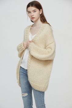 "New design for this winter! Oversize sweater gives you super warm and stylelish looking! Feastures: * open front long cardigan * oversize looking * drop-shoulder sleeves * 70% kid mohair/ 30% acrylic blended yarn - super soft and light weight Size: S(us 0-4) M(us 6-8) L(us 10-12)XL(14-16). Pls. choose size and color options. Size Measurements: S/M: chest - 51\"(130cm) length- 28\"(72cm) L/XL: chest 55\"(140cm), length - 30\"(76cm) If you want it in different measurements, pls. leave the note or Long Cable Knit Cardigan, Woman Sweater, Sweater Chunky, Oversize Sweater, Warm Cardigan, Cardigan Oversized, Cardigan White, Oversize Women, Sweater Fits