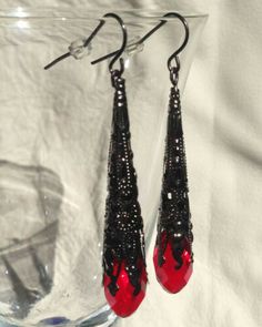 Victorian style filigree and red crystal earrings | eBay Dark Red Jewelry, Evil Jewelry, Period Accessories, Black Quince, Victorian Gothic Jewelry, Vampire Earrings, Fire Earrings, Vampire Jewelry, Victorian Gothic Style