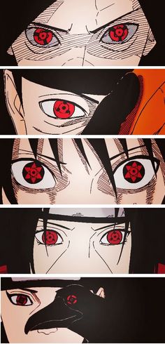 three different anime faces with red eyes