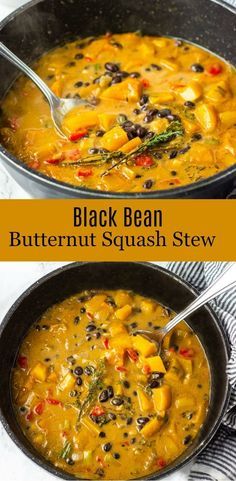 black bean butternut squash stew in a skillet